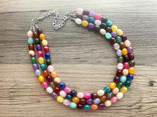 Load image into Gallery viewer, Triple Jelly Bean Rainbow Beaded Necklace, Colorful Jewelry, Chunky statement necklace, rainbow jewelry, rainbow baby confetti