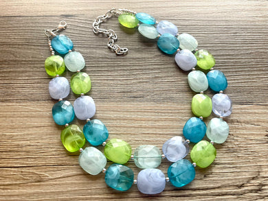 Calm Blue Double Strand Statement Necklace,  Chunky Periwinkle Oval Beaded Bib Jewelry earrings, blue jewelry set, baby blue mint lime green