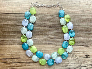 Calm Blue Double Strand Statement Necklace,  Chunky Periwinkle Oval Beaded Bib Jewelry earrings, blue jewelry set, baby blue mint lime green
