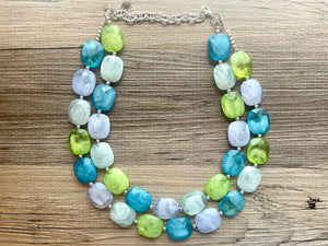Calm Blue Double Strand Statement Necklace,  Chunky Periwinkle Oval Beaded Bib Jewelry earrings, blue jewelry set, baby blue mint lime green