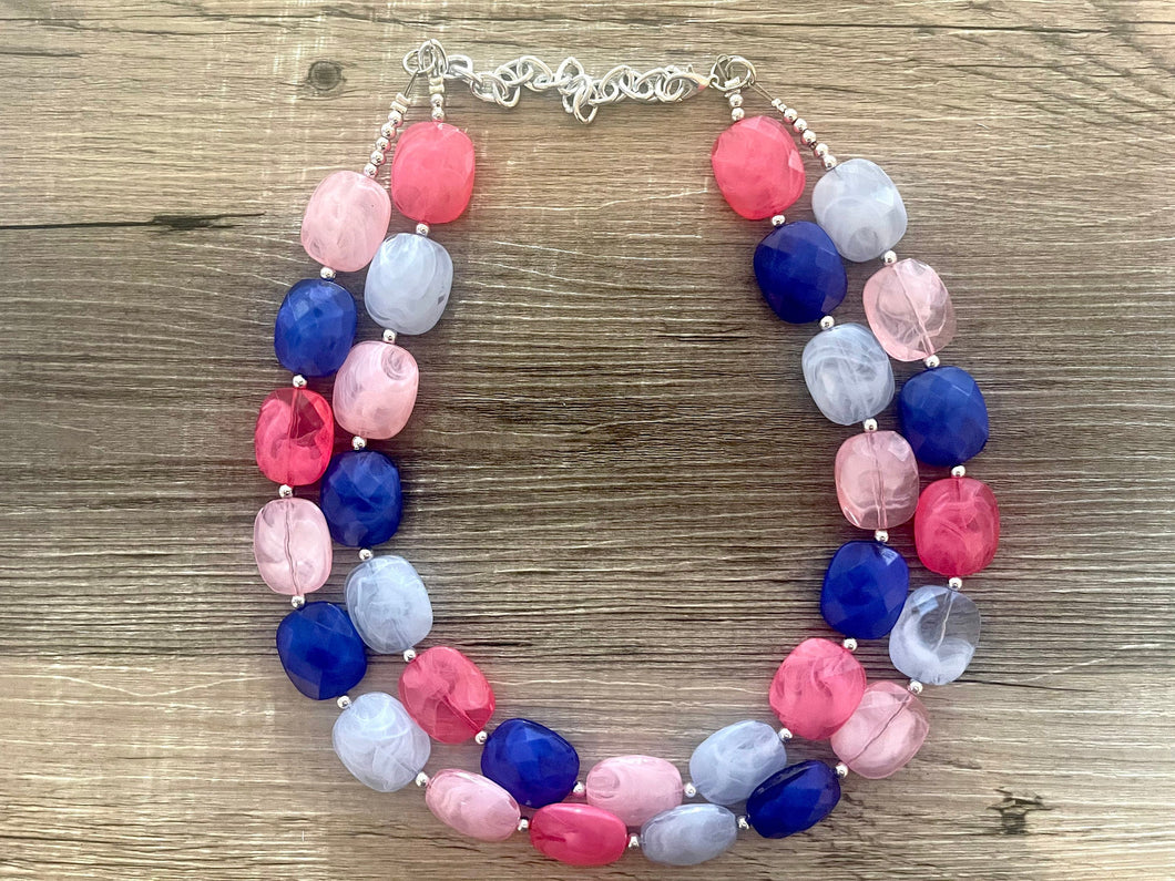 Pink + Blue Double Strand Statement Necklace,  Chunky Periwinkle Oval Beaded Bib Jewelry earrings, baby blue jewelry set gender reveal party