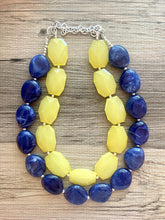 Load image into Gallery viewer, Lemon Yellow &amp; Royal blue Necklace, statement colorful jewelry, big beaded chunky statement necklace, blue necklace, blue yellow jewelry