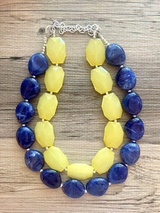 Lemon Yellow & Royal blue Necklace, statement colorful jewelry, big beaded chunky statement necklace, blue necklace, blue yellow jewelry