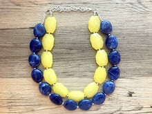 Load image into Gallery viewer, Lemon Yellow &amp; Royal blue Necklace, statement colorful jewelry, big beaded chunky statement necklace, blue necklace, blue yellow jewelry