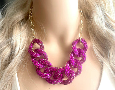 Magenta rhinestone Linking Chain Choker shirt necklace, stunning elegant pink statement bib necklace, dark pink gold chain link necklace