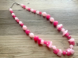 Long Two Tone Pink Chunky Long Statement Necklace, long silver necklace, beaded long necklace, blush pink magenta beaded statement jewelry