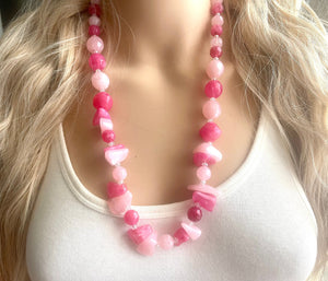 Long Two Tone Pink Chunky Long Statement Necklace, long silver necklace, beaded long necklace, blush pink magenta beaded statement jewelry