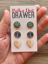 Load image into Gallery viewer, Set of 3 earrings, 12mm earrings, sparkle earrings, stud earrings circle, stocking stuffer wood resin heart Cabochon silver and gold pierced
