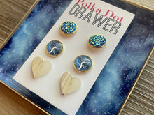 Load image into Gallery viewer, Set of 3 earrings, 12mm earrings, sparkle earrings, stud earrings circle, stocking stuffer wood resin heart Cabochon silver and gold pierced