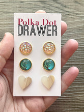 Load image into Gallery viewer, Set of 3 earrings, 12mm earrings, sparkle earrings, stud earrings circle, stocking stuffer wood resin heart Cabochon silver and gold pierced