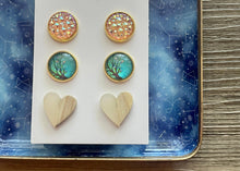 Load image into Gallery viewer, Set of 3 earrings, 12mm earrings, sparkle earrings, stud earrings circle, stocking stuffer wood resin heart Cabochon silver and gold pierced