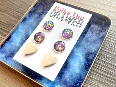 Set of 3 earrings, 12mm earrings, sparkle earrings, stud earrings circle, stocking stuffer wood resin heart Cabochon silver and gold pierced