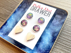 Set of 3 earrings, 12mm earrings, sparkle earrings, stud earrings circle, stocking stuffer wood resin heart Cabochon silver and gold pierced