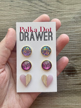 Load image into Gallery viewer, Set of 3 earrings, 12mm earrings, sparkle earrings, stud earrings circle, stocking stuffer wood resin heart Cabochon silver and gold pierced