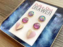 Load image into Gallery viewer, Set of 3 earrings, 12mm earrings, sparkle earrings, stud earrings circle, stocking stuffer wood resin heart Cabochon silver and gold pierced