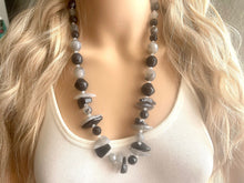 Load image into Gallery viewer, Long Two Tone Black &amp; Gray Chunky Long Statement Necklace, long silver necklace, beaded long necklace, neutral beaded statement jewelry