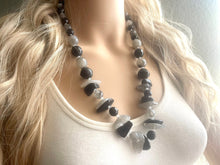 Load image into Gallery viewer, Long Two Tone Black &amp; Gray Chunky Long Statement Necklace, long silver necklace, beaded long necklace, neutral beaded statement jewelry