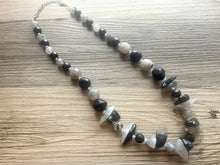 Load image into Gallery viewer, Long Two Tone Black &amp; Gray Chunky Long Statement Necklace, long silver necklace, beaded long necklace, neutral beaded statement jewelry