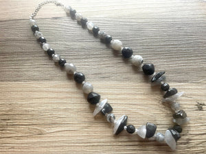 Long Two Tone Black & Gray Chunky Long Statement Necklace, long silver necklace, beaded long necklace, neutral beaded statement jewelry