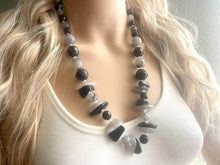 Load image into Gallery viewer, Long Two Tone Black &amp; Gray Chunky Long Statement Necklace, long silver necklace, beaded long necklace, neutral beaded statement jewelry