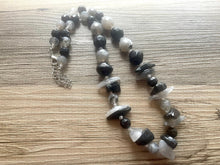 Load image into Gallery viewer, Long Two Tone Black &amp; Gray Chunky Long Statement Necklace, long silver necklace, beaded long necklace, neutral beaded statement jewelry