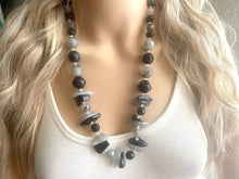 Load image into Gallery viewer, Long Two Tone Black &amp; Gray Chunky Long Statement Necklace, long silver necklace, beaded long necklace, neutral beaded statement jewelry