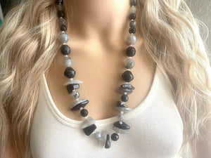 Long Two Tone Black & Gray Chunky Long Statement Necklace, long silver necklace, beaded long necklace, neutral beaded statement jewelry