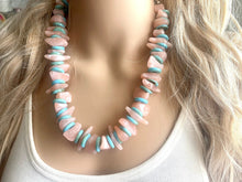 Load image into Gallery viewer, Mountain Sunrise Chunky Statement Necklace, peach beaded necklace, 1 strand thick necklace, big beaded jewelry turquoise blue