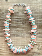 Load image into Gallery viewer, Mountain Sunrise Chunky Statement Necklace, peach beaded necklace, 1 strand thick necklace, big beaded jewelry turquoise blue