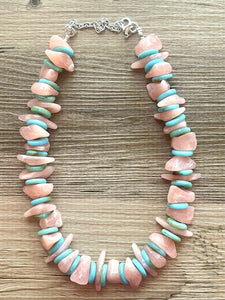 Mountain Sunrise Chunky Statement Necklace, peach beaded necklace, 1 strand thick necklace, big beaded jewelry turquoise blue