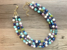 Load image into Gallery viewer, Moon Child Chunky Statement Necklace, gold bib necklace, purple white green blue necklace, wedding bridesmaid chunky earring set