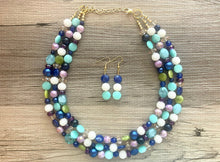 Load image into Gallery viewer, Moon Child Chunky Statement Necklace, gold bib necklace, purple white green blue necklace, wedding bridesmaid chunky earring set