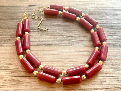 Terracotta Cranberry Statement Necklace, Chunky 2 Strand Jewelry, red maroon gold necklace, bib beaded necklace vintage beaded