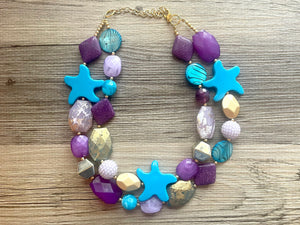 Blue Havaiee double strand OOAK statement gold purple aqua blue Beaded Necklace, summer jewelry, starfish lavender