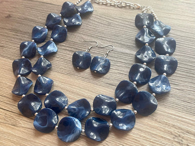 Navy Blue Statement Necklace, Chunky Jewelry Big Beaded Double Strand Necklace, Dark Blue Necklace, Blue Jewelry Set, Dark Blue Beaded