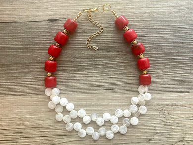 Big Bead red gold cream Necklace, bright lipstick red Chunky bib bridesmaid, red jewelry, red necklace beaded, gold statement