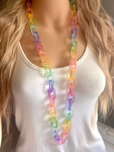 Load image into Gallery viewer, Long Acrylic necklace, pastel rainbow creamy linking acetate necklace, chain necklace, statement necklace jewelry, rainbow chunky chain