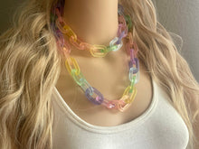 Load image into Gallery viewer, Long Acrylic necklace, pastel rainbow creamy linking acetate necklace, chain necklace, statement necklace jewelry, rainbow chunky chain