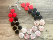 Load image into Gallery viewer, School Spirit Red Soiree Necklace, Triple Strand Statement Jewelry, red and black necklace, red white black beaded jewelry, red jewelry