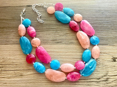 Albuquerque Statement Necklace, Chunky Beaded Necklace, colorful Jewelry, dark pink aqua blue peach necklace, bib blue necklace