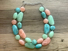 Load image into Gallery viewer, East Coast Seascape Statement Necklace, Silver cream peach seafoam mint green necklace, beaded chunky bib necklace, colorful jewelry