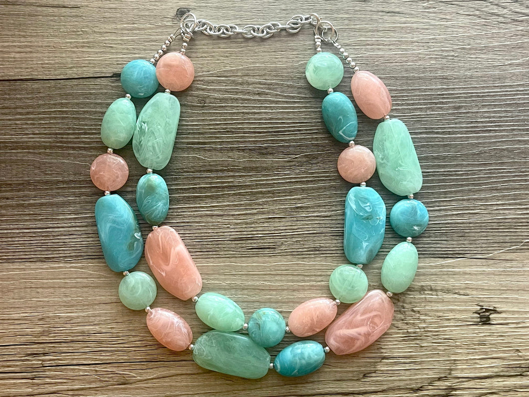 East Coast Seascape Statement Necklace, Silver cream peach seafoam mint green necklace, beaded chunky bib necklace, colorful jewelry