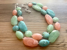 Load image into Gallery viewer, East Coast Seascape Statement Necklace, Silver cream peach seafoam mint green necklace, beaded chunky bib necklace, colorful jewelry