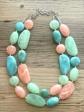 Load image into Gallery viewer, East Coast Seascape Statement Necklace, Silver cream peach seafoam mint green necklace, beaded chunky bib necklace, colorful jewelry