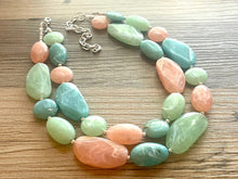 Load image into Gallery viewer, East Coast Seascape Statement Necklace, Silver cream peach seafoam mint green necklace, beaded chunky bib necklace, colorful jewelry