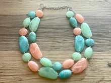 Load image into Gallery viewer, East Coast Seascape Statement Necklace, Silver cream peach seafoam mint green necklace, beaded chunky bib necklace, colorful jewelry