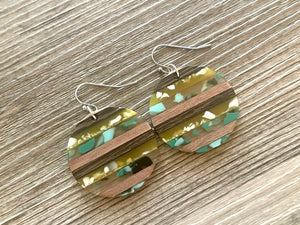 Upcycled Wood + Resin Striped Earrings, Statement pierced Jewelry, dangle Drop earrings, geometric earrings, silver circle everyday earrings