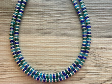 Load image into Gallery viewer, Jewel Tones + Silver Chunky Statement Necklace, Blue beaded jewelry, Double Strand Statement Necklace, light dark blue green chunky jewelry