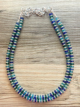 Load image into Gallery viewer, Jewel Tones + Silver Chunky Statement Necklace, Blue beaded jewelry, Double Strand Statement Necklace, light dark blue green chunky jewelry
