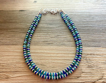Load image into Gallery viewer, Jewel Tones + Silver Chunky Statement Necklace, Blue beaded jewelry, Double Strand Statement Necklace, light dark blue green chunky jewelry